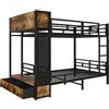 Azkoeesy Letto a Castello in Metallo Nero 120x200 cm con 2 Cassetti | 2 Cassetti Integrati, Asta Appendiabiti, Mensola Aperta, Pannello Forato, Per Adulti