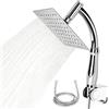 Rzspher Soffione doccia a pioggia da 20 cm con braccio di prolunga e tubo | Soffione doccia a cascata in acciaio inox con 100 ugelli autopulenti, girevole a 360°, facile installazione, cromato