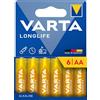 VARTA Pile AA, Confezione da 6, Longlife, alcaline, 1,5 V | Formato LR6, Made in Germany, conservazione fino a 10 anni, per telecomando, orologio da parete, radio, sveglia o torcia