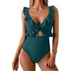 Yutdeng Costume da Bagno Intero da Donna Scollo a V Push Up e Lacci Schiena Costumi Interi con Controllo della Pancia Costumi Mare con Volant Elegante Curvy Spiaggia Regolabile Beachwear