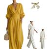 Generic Women's Linen Blend V Neck High Waist Wide Leg Jumpsuit,Summer Quarter Sleeve Romper with Pockets,Casual One Piece Outfit