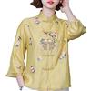 Lainthesnow Camicia da donna con ricamo floreale cinese a 3/4 manica a rana bottone alla coreana colletto alla coreana camicetta in cotone etnico in lino