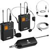 TONOR Microfono Wireless doppio UHF con Microfono archetto/Lavalier Microphone e Trasmettitore Bodypack e Mini Ricevitore Ricaricabile 1/4 Uscita, Distanza 60M Segnale stabile per Prestazioni Live