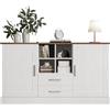 Azkoeesy Credenza e Buffet 140 cm per soggiorno e cucina | Bianco stile retrò, piano superiore effetto legno, 2 cassetti, maniglie in metallo argento, 4 vani interni