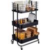 Relaxdays Carrello HxLxP: 77 x 45 x 34 cm, metallo, 3 ripiani, nero | Su ruote per bagno, cucina e ufficio, multiuso