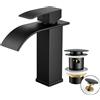 FORIOUS Rubinetto per Bagno FORIOUS con Set di Scarico, Rubinetto Nero a Cascata per Lavabo, Miscelatore Monocomando con Altezza del Beccuccio di 110 mm, Risparmio Idrico ed Energetico