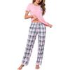 Demegimi Pigiama Donna Cotone Manica Corta Pigiami Due Pezzi da Donna con Pantaloni Lunghi a Quadri Completo da Casa Morbido e Leggero
