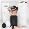 Niré Beauty Set Pennelli Make up Pro, vegani, 15 pz, Rosa Dorato | kabuki, blush, fondotinta, contouring, ombretto, sopracciglia, spugna, pulitore, porta pennelli, box regalo