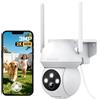WOLFANG Telecamera di sicurezza esterna 2K 3MP, telecamera WiFi PTZ 360°, visione notturna a colori, rilevamento AI, allarme acustico e luminoso, IP65 resistente alle intemperie, funziona con Alexa e