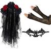 Gcerfby Set Costume Giorno Dei Morti,Vestito Di Abbigliamento - Costumi Con Velo Di Pizzo,Per Donne Adulti Ragazze Trucco Viso Costume Halloween Festa In Maschera Party Spettacolo