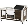 EasyComfort Conigliera in Legno da Interno ed Esterno con Ruote, Casetta, Tetto Apribile e Vassoio, Marrone