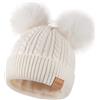 FISFET Cappelli da donna con doppio pompon, berretto da donna con pon pon per il freddo, caldo, in lana intrecciata con fodera in pile, cappellini invernali per l'uso quotidiano, bianco, Taglia unica
