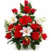 DRW Centro di fiori artificiali rosso e bianco per chiese, cimiteri e celebrazioni, con rose e gigli, 50 x 15 x 60 cm