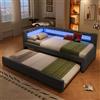 Soweiz Divano letto, letto imbottito, con barra luminosa LED con telecomando alla fine del letto, letto estraibile senza materasso, USB + tipo C, lino (grigio, 90 x 200 cm)