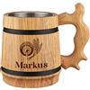 polar-effekt Boccale da birra con incisione, in legno di quercia, volume 500 ml, prodotto naturale, 19,5 cm, regalo per uomini, compleanno, Natale, motivo barile con spighe