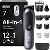 Braun All-in-One Series 7, set di pulizia 12 in 1, ProBlade, rifinitore per peli del naso, AutoSense, rasoio elettrico da uomo, rasoio per il corpo, regolabarba e tagliacapelli, batteria da 120 minuti, AIO7545, grigio
