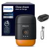Philips S595/05, rasoio elettrico rotante, colore nero, dettagli arancioni, lame SteelPrecision, tecnologia Lift & Cut, sostituzione delle lame ogni 2 anni con il modello SH71, durata della batteria: 2 anni