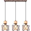 iDEGU 3 Luci Lampadario a Sospensione Vintage E27 Plafoniera Industriale in Legno Metallo Gabbia Lampada da Soffitto Retrò Lampade a Sospensione per Cucina Salotto Ristorante (Ruggine, Legno, Barra)