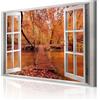decomonkey Quadri Moderni Soggiorno Finestra Bosco Vista, 1 pezzo, 60x40 cm | Tela strutturata su telaio in legno, decorazione da parete, natura, autnno, ponte, fiume, lascia, marrone, rosso