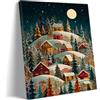 Generic Stampa su tela, paesaggio con villaggio innevato, paesaggio con luna piena, decorazione per la casa, decorazione natalizia per le vacanze, stile nordico (art-1,50 x 70 cm senza cornice)
