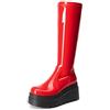 DREAM PAIRS Stivali alti al ginocchio da donna con zeppa tacco rotondo punta rotonda cerniera laterale stivali alla moda lunghi alti gotici, Rosso-pat, 37.5 EU