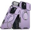 Mixroom - Custodia Cover per iPhone 14 Plus Protezione Antiurto Militare con Supporto cellulare a stand Cavalletto ad Anello Magnetico Copertura Fotocamera Slide Scorrevole C07 Lilla