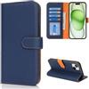 CAVOR Custodia a portafoglio compatibile con iPhone 15 Plus, in vera pelle, con 4 scomparti per carte, fibbia, blocco RFID, blu e arancione