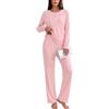 Uniexcosm Pigiama Donna Invernale in Misto Cotone, Maniche Lunghe | Maglia a coste, girocollo con 3 bottoni, bordi ondulati, pantaloni dritti con vita elastica e tasche oblique