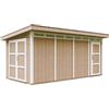 TIMBELA Casetta da Giardino di QUALITÀ PREMIUM 8.52+2.95m²-L530xW279cm-con Pavimento, Tegole Bituminose,Set di Vernici-Costruzione con pannelli LP Smartside - Capanno da giardino - M905C - TERRA BROWN