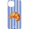 BECCA Parisian Food Designs Custodia per iPhone 15 Plus Croissant French Breakfast con motivo a strisce blu