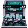 Burago MERCEDES GP F1 W14 EQ PERFORMANCE DIORAMA GARAGE PIT-STOP TEAM AMG PETRONAS MOTORSPORT N 63 SEASON 2023 GEORGE RUSSELL WITH CREW FIGURE AND ACCESSORIES BLACK SILVER GREEN