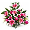 DRW Centro di fiori artificiali rosa fucsia per chiese, cimiteri e celebrazioni, con boccioli e gigli, 65 x 15 x 65 cm