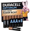 DURACELL AAA Batterie Alcaline Optimum (Confezione da 8) 1.5V, LR03 | 200% Più Power Boost Actives - Soddisfano le Esigenze dei Dispositivi Moderni - 100% Riciclabili