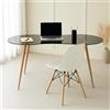 Meyvaser.com Ecommerce Company Tavolo da scrivania nero con piano in vetro temperato e gambe in acciaio effetto legno, 140 x 70 x 74 cm, design moderno ed elegante