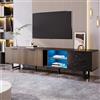 Worletty Mobile TV con effetto marmo nero, porte in venatura di legno scuro, illuminazione a LED regolabile, due ante e due cassetti, adatto per robot aspirapolvere, 200 x 38 x 50 cm, nero + venature del legno
