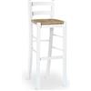 OKAFFAREFATTO MADDALONI Sgabello Alto da Bar in Legno Bianco con Schienale H80cm, Seduta in Paglia, per Cucina Bancone Ristorante