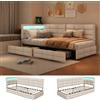 BRILVERDE Letto Contenitore 90x200 con Cassetti, Letto imbottito con luce LED/USB, Divano letto con Testiera contenitore, Letto singolo con Rete a Doghe, Lino(Beige, 90 x 200 cm)