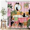 Dazzlewall Tenda Doccia Gatti Neri Piante Tropicali 180x200 cm con 12 Ganci | Decorata con gatti neri, piante tropicali e toni rosa, tessuto impermeabile resistente alla muffa per bagno domestico