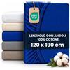 BCSHOP Lenzuolo Sotto Una Piazza e Mezza con Angoli 100% Blu di Cotone 125 GSM, con Elastico Perimetrale, Certificato Oeko-Tex Standard 100, per Materassi fino a 30 cm
