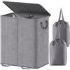 Lifewit Cesto portabiancheria doppio con coperchio, sfoderabile, grigio | Cesto portabiancheria grande, pieghevole, a 2 sezioni, con manici, per camera da letto, lavanderia, armadio, dormitorio