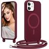 Coiwxmoi Magnetica Cover per iPhone 12 Mini con Cordino Regolabile, [Compatibile con MagSafe] Custodia con Collana Tracolla Laccio Collo Liquido TPU Silicone Lanyard Antiurto Case, Rosso Vino