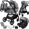 Twinly - Passeggino Trio 3 in 1 - Sistema Modulare con Carrozzina per Neonati, Ovetto Auto & Passeggino Leggero 25 kg portata - FABULY - Pieghevole con Borsa, Zanzariera e Parapioggia - [grigio]