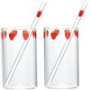Pesoncarl Tazza in vetro fragola con cannuccia 2 Set Tazze in vetro borosilicato alto per fragola per donne e ragazze Bicchieri multiuso per latte, succhi per feste