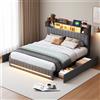 Comanlai Letto Imbottito Comanlai 140x200cm, Letto Matrimoniale con 4 Cassetti, Letto per Ragazzi con LED e USB, Letto con Contenitore, Struttura Imbottita, Lino, Grigio