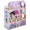 Casa delle bambole per bambini 3+ anni in legno di pino e mdf a 4 piani con 13 accessori, rosa, 60x30x80 cm