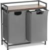 GarveeHome Doppio scomparto da 2x46 L - Cesto portabiancheria con sacchetti rimovibili in tessuto Oxford - Ripiano superiore in legno - Struttura metallica resistente - Soluzione pratica per bagno e camera da le