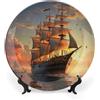 KWQDOZF Piatto decorativo in ceramica con nave oceanica, piatto decorativo vintage con barca a vela con supporto, porcellana bone china con paesaggio oceanico per tavolo da soggiorno e corridoio