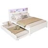 Azkoeesy Letto Matrimoniale 120x200 cm con Letto Estraibile 90x190 cm, Testiera con LED, Prese e Ripiani Integrati, Robusto Pino Massello Bianco