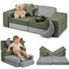 Relaxdays divanetto gioco modulare per bambini, HBT 45x140x65 cm | 10 blocchi, velluto microfibra, grigio-verde