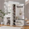 ZKLOEP Set appendiabiti compatto con armadietto a specchio, asta appendiabiti, 3 ante, scarpiera ribaltabile, panca, cassetto, armadio da corridoio, bianco, 150 x 36 x 180 cm
